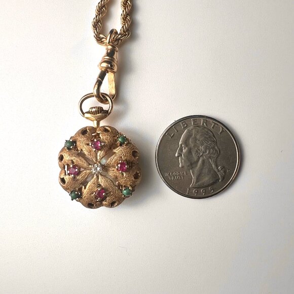 VTG 14KGold Pendant Watch with Floral Motif encrusted Rubies, Emeralds & Diamond - Picture 11 of 13